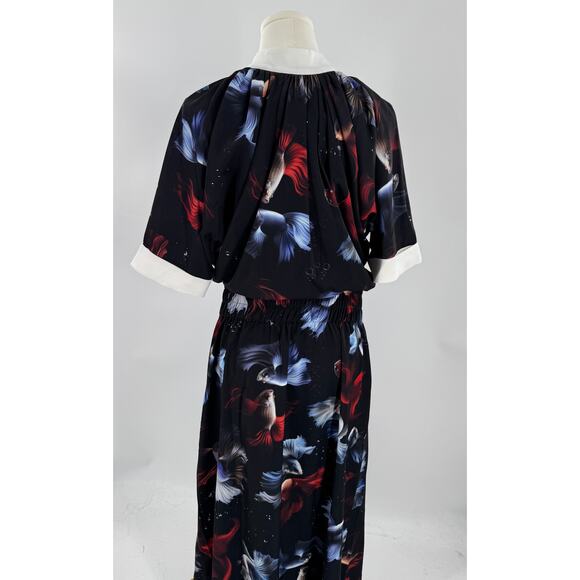 Julia Allert Black Maxi Long Dress Red Blue Fish White Collar Large NWT - Picture 5 of 13